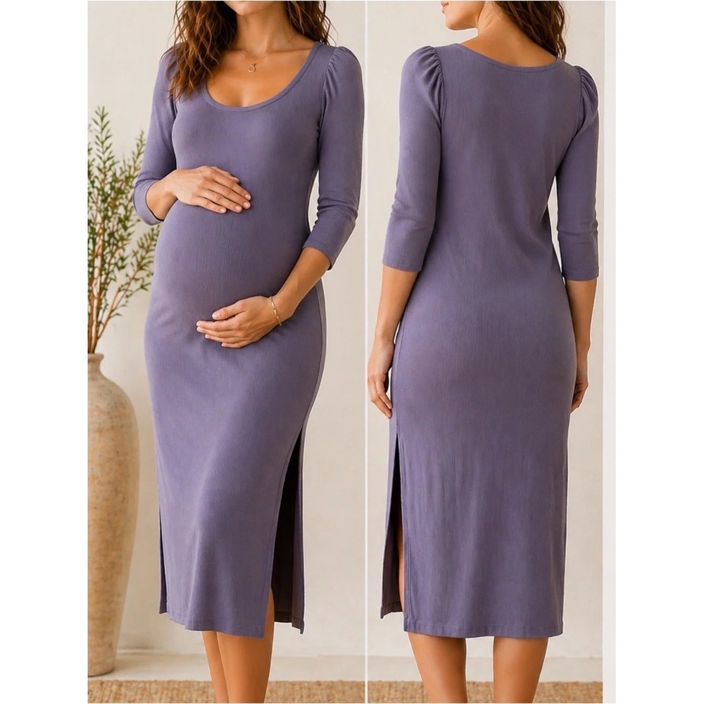 The Nines by HATCH Maternity Ribbed Midi Dress Purple XL Puffed Sleeve